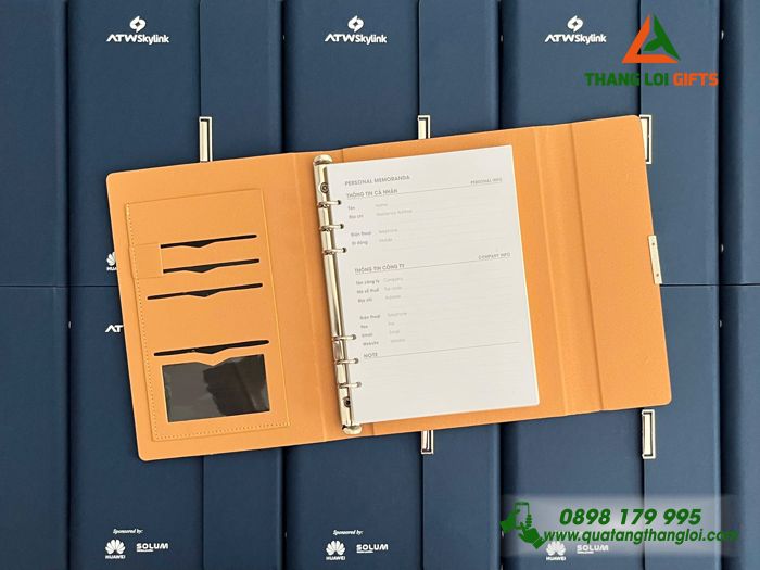 Sổ Da Bìa Còng Gập 3 Màu Xanh - In Logo Doanh Nghiệp HUAWEI