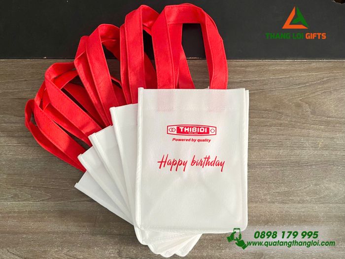 Túi Vải Không Dệt Màu Trắng - In Logo Chúc Mừng Sinh Nhật Doanh Nghiệp THIBIDI