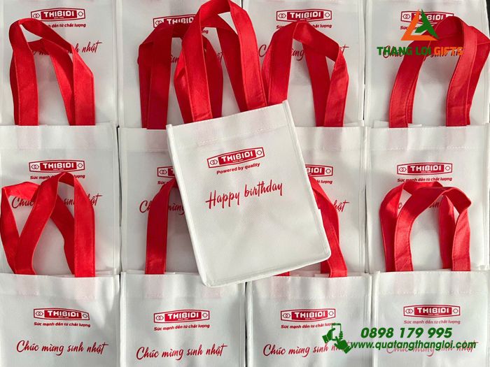 Túi Vải Không Dệt Màu Trắng - In Logo Chúc Mừng Sinh Nhật Doanh Nghiệp THIBIDI