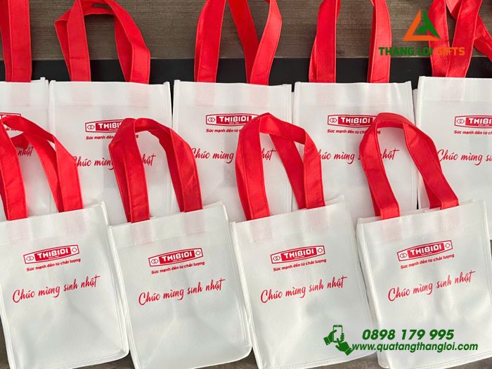 Túi Vải Không Dệt Màu Trắng - In Logo Chúc Mừng Sinh Nhật Doanh Nghiệp THIBIDI