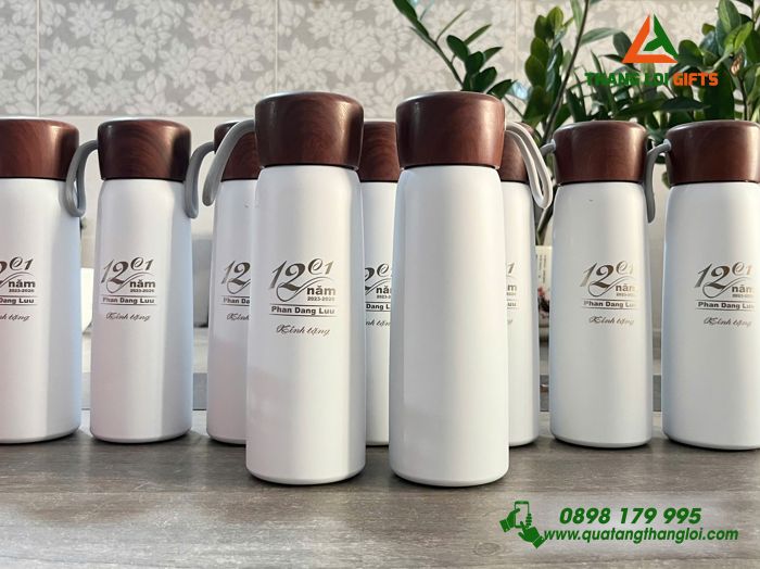 Bình Giữ Nhiệt Nắp Gỗ Màu Trắng - Khắc Logo Lớp 12C1 Trường THPT Phan Đăng Lưu