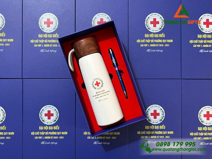 Combo Quà Tặng (Bình & Bút) - In Khắc Logo Hội Chữ Thập Đỏ Phường Quy Nhơn Làm Quà Đại Hội