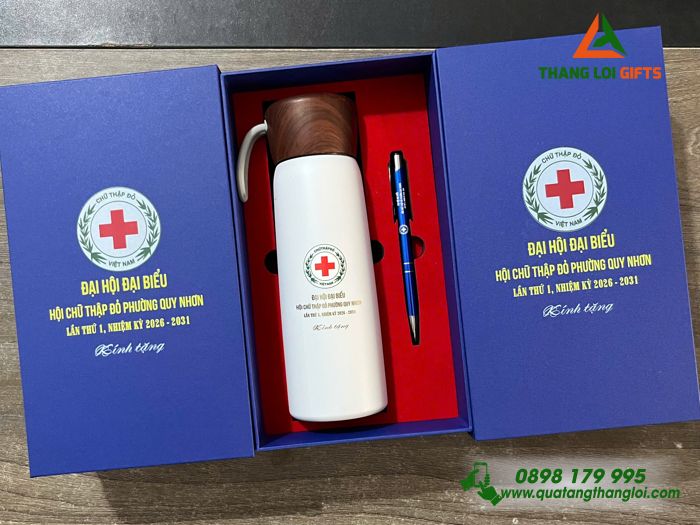 Combo Quà Tặng (Bình & Bút) - In Khắc Logo Hội Chữ Thập Đỏ Phường Quy Nhơn Làm Quà Đại Hội