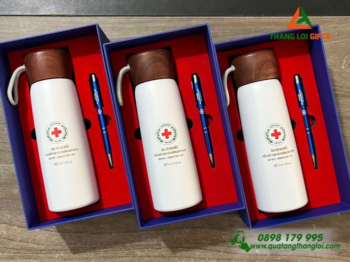 Combo Quà Tặng (Bình & Bút) - In Khắc Logo Hội Chữ Thập Đỏ Phường Quy Nhơn Làm Quà Đại Hội