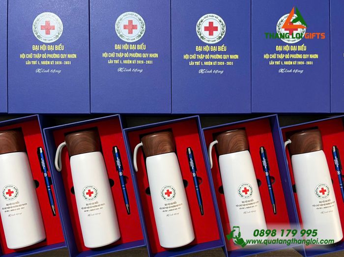 Combo Quà Tặng (Bình & Bút) - In Khắc Logo Hội Chữ Thập Đỏ Phường Quy Nhơn Làm Quà Đại Hội