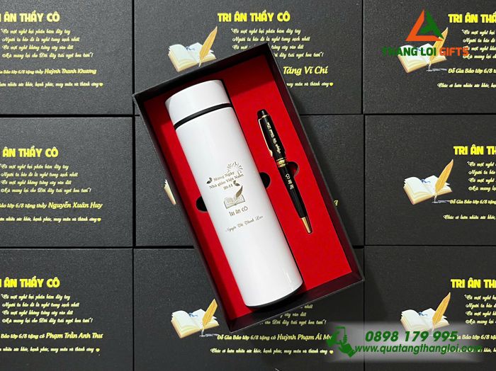 Combo Quà Tặng (Bình & Bút) - In Khắc Nội Dung Tri Ân Thầy Cô