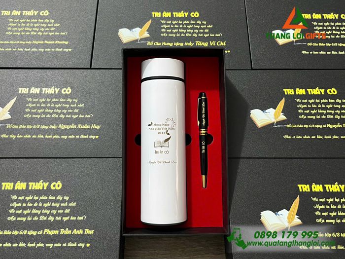 Combo Quà Tặng (Bình & Bút) - In Khắc Nội Dung Tri Ân Thầy Cô