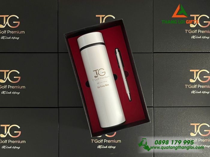 Combo Quà Tặng (Bình & Bút) Màu Trắng - In Khắc Logo Doanh Nghiệp TG T'Golf Premium