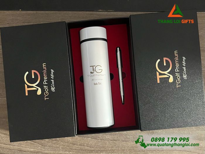 Combo Quà Tặng (Bình & Bút) Màu Trắng - In Khắc Logo Doanh Nghiệp TG T'Golf Premium