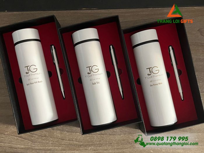 Combo Quà Tặng (Bình & Bút) Màu Trắng - In Khắc Logo Doanh Nghiệp TG T'Golf Premium