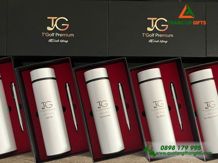 Combo Quà Tặng (Bình & Bút) Màu Trắng - In Khắc Logo Doanh Nghiệp TG T'Golf Premium