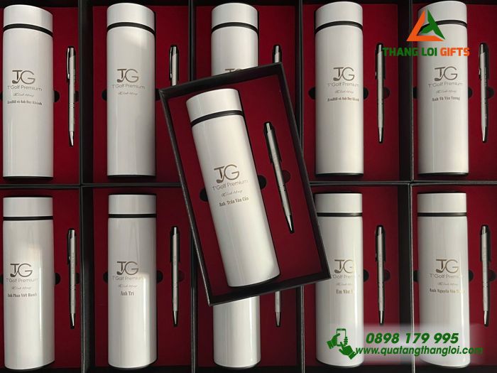 Combo Quà Tặng (Bình & Bút) Màu Trắng - In Khắc Logo Doanh Nghiệp TG T'Golf Premium