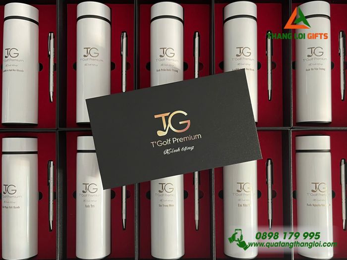 Combo Quà Tặng (Bình & Bút) Màu Trắng - In Khắc Logo Doanh Nghiệp TG T'Golf Premium
