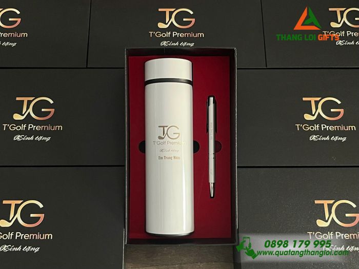 Combo Quà Tặng (Bình & Bút) Màu Trắng - In Khắc Logo Doanh Nghiệp TG T'Golf Premium
