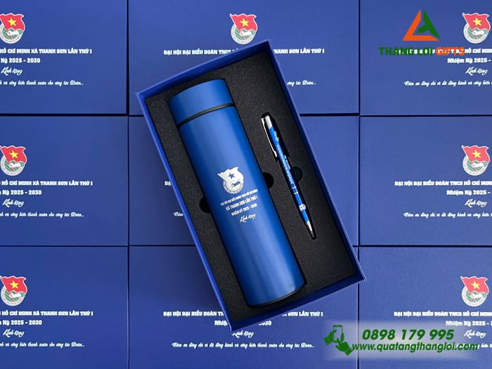 Combo Quà Tặng (Bình & Bút) Màu Xanh - In Khắc Logo Đoàn THCS Xã Thanh Sơn