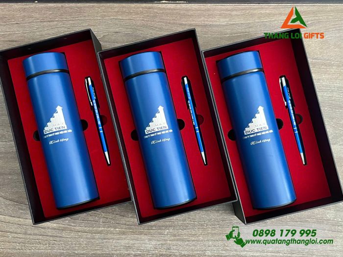 Bộ Quà Tặng (Bình & Bút) Màu Xanh - In Khắc Logo Doanh Nghiệp Kỹ Thuật Điện Đức Tiến