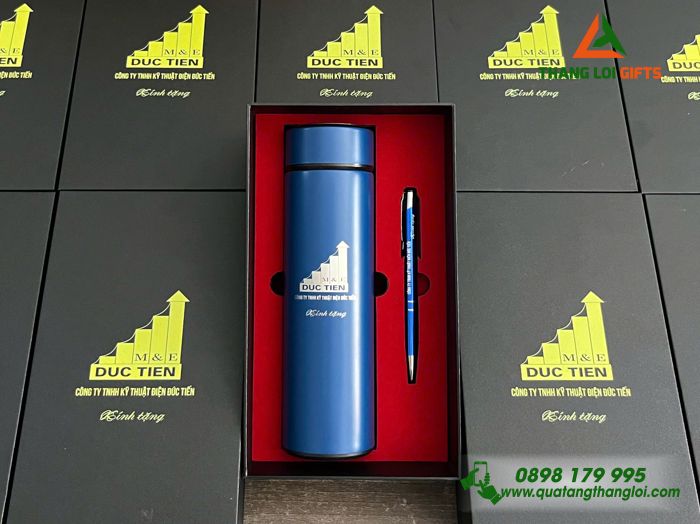Bộ Quà Tặng (Bình & Bút) Màu Xanh - In Khắc Logo Doanh Nghiệp Kỹ Thuật Điện Đức Tiến