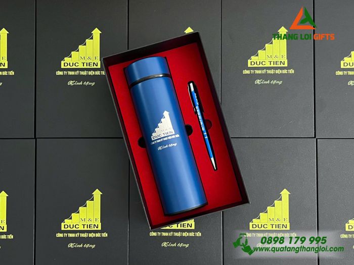 Bộ Quà Tặng (Bình & Bút) Màu Xanh - In Khắc Logo Doanh Nghiệp Kỹ Thuật Điện Đức Tiến