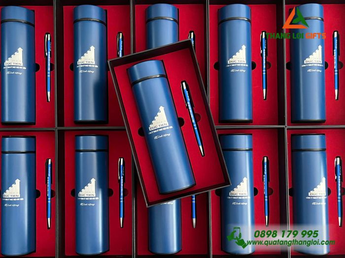 Bộ Quà Tặng (Bình & Bút) Màu Xanh - In Khắc Logo Doanh Nghiệp Kỹ Thuật Điện Đức Tiến