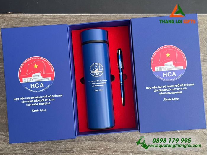 Combo Quà Tặng (Bình & Bút) Màu Xanh - In Khắc Logo Học Viện Cán Bộ TP.HCM HCA