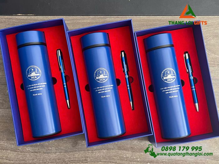 Combo Quà Tặng (Bình & Bút) Màu Xanh - In Khắc Logo Học Viện Cán Bộ TP.HCM HCA