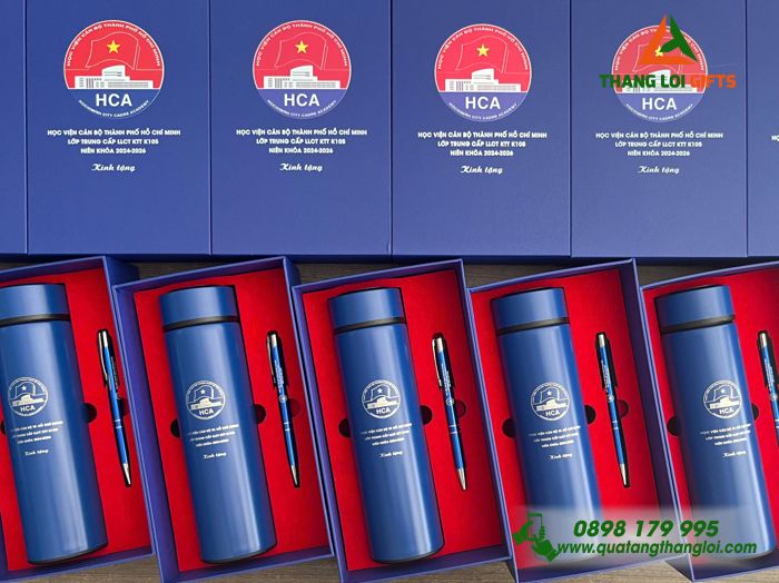 Combo Quà Tặng (Bình & Bút) Màu Xanh - In Khắc Logo Học Viện Cán Bộ TP.HCM HCA