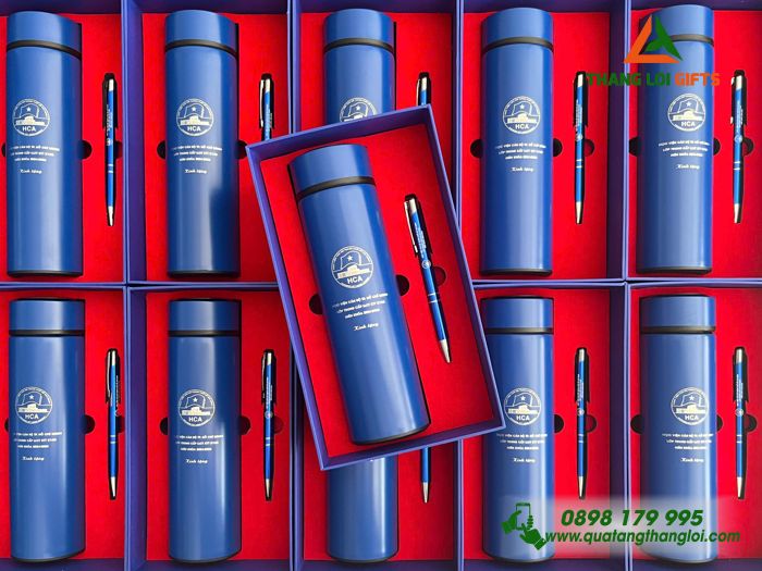 Combo Quà Tặng (Bình & Bút) Màu Xanh - In Khắc Logo Học Viện Cán Bộ TP.HCM HCA