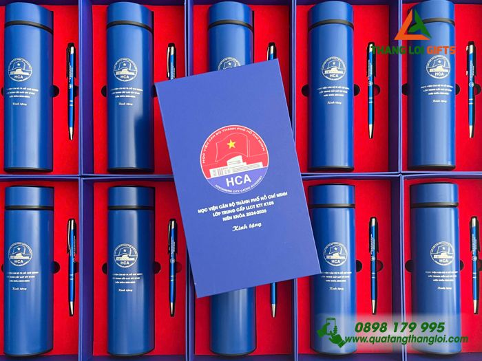 Combo Quà Tặng (Bình & Bút) Màu Xanh - In Khắc Logo Học Viện Cán Bộ TP.HCM HCA