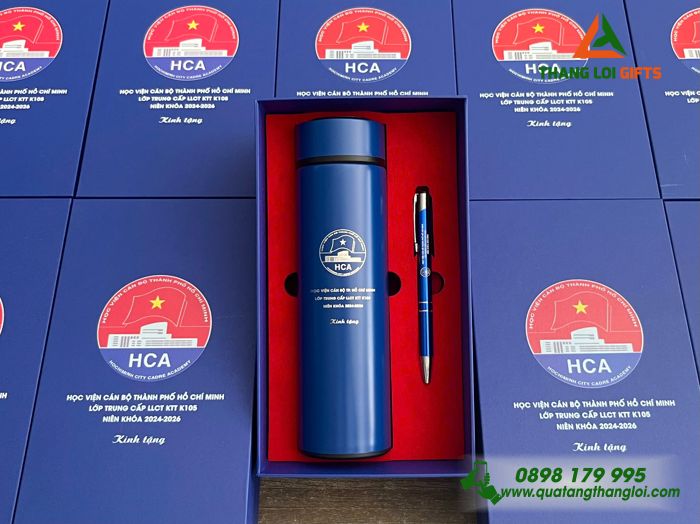 Combo Quà Tặng (Bình & Bút) Màu Xanh - In Khắc Logo Học Viện Cán Bộ TP.HCM HCA
