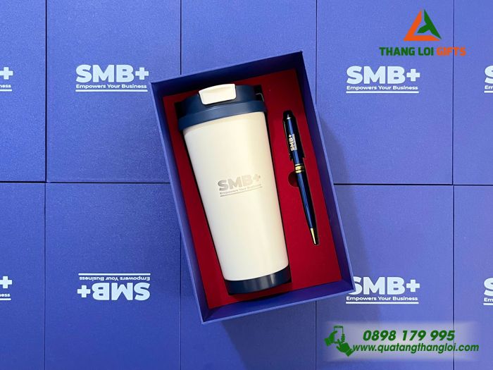 Bộ Quà Tặng (Ly+ Bút) Màu Xanh - In Khắc Doanh Nghiệp SMB+