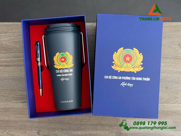 Combo Quà Tặng (Ly Lock & Bút) Màu Xanh - In Khắc Logo Chi Bộ Công An Phường Tân Hưng Thuận