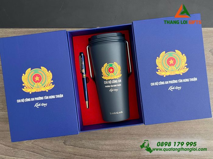 Combo Quà Tặng (Ly Lock & Bút) Màu Xanh - In Khắc Logo Chi Bộ Công An Phường Tân Hưng Thuận