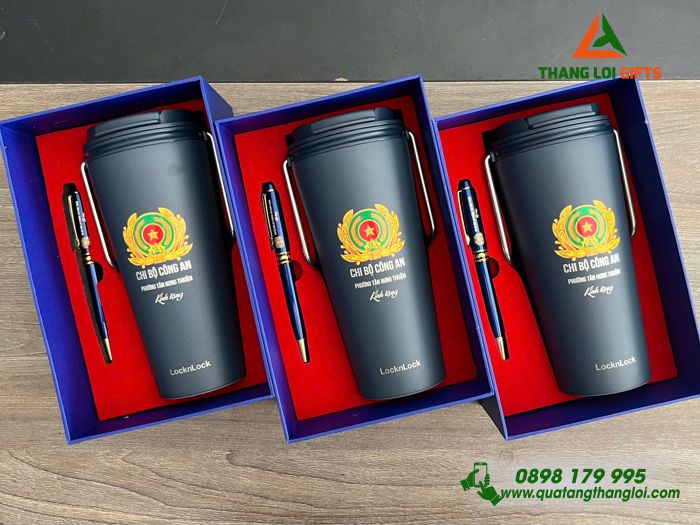 Combo Quà Tặng (Ly Lock & Bút) Màu Xanh - In Khắc Logo Chi Bộ Công An Phường Tân Hưng Thuận