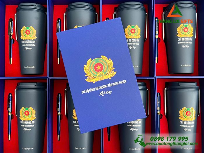 Combo Quà Tặng (Ly Lock & Bút) Màu Xanh - In Khắc Logo Chi Bộ Công An Phường Tân Hưng Thuận