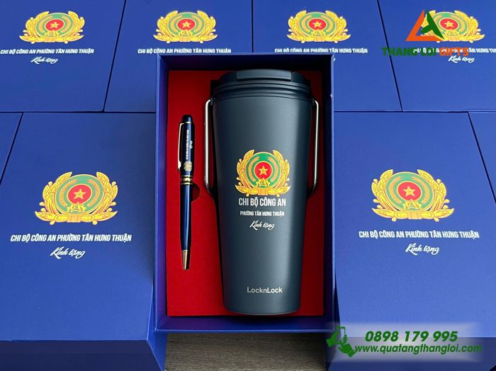 Combo Quà Tặng (Ly Lock & Bút) Màu Xanh - In Khắc Logo Chi Bộ Công An Phường Tân Hưng Thuận