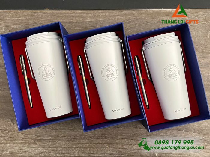 Set Quà Tặng (Ly Lock & Bút) Màu Trắng - In Khắc Logo Growing Together