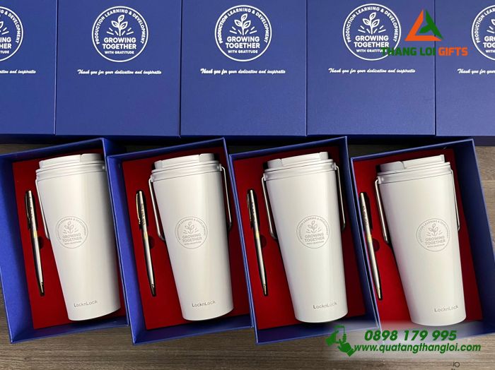 Set Quà Tặng (Ly Lock & Bút) Màu Trắng - In Khắc Logo Growing Together