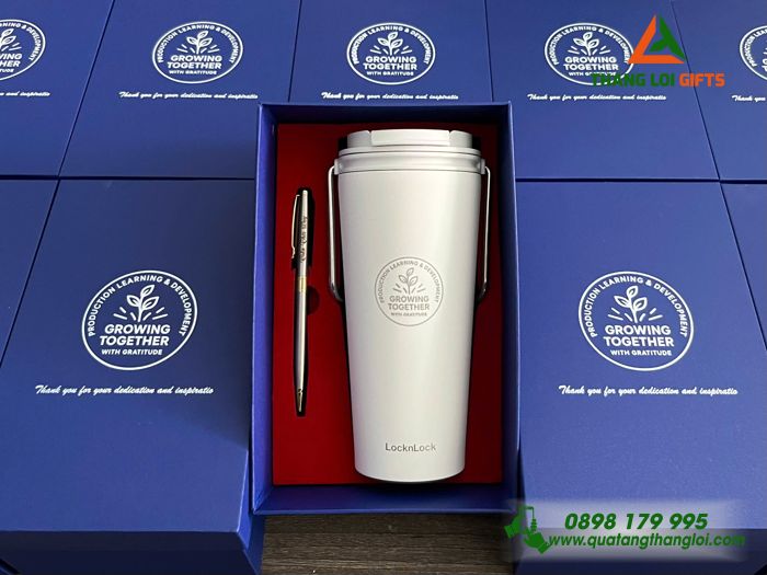 Set Quà Tặng (Ly Lock & Bút) Màu Trắng - In Khắc Logo Growing Together