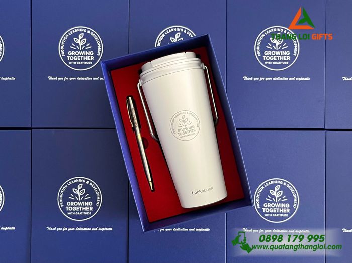 Set Quà Tặng (Ly Lock & Bút) Màu Trắng - In Khắc Logo Growing Together