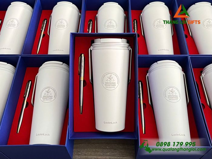 Set Quà Tặng (Ly Lock & Bút) Màu Trắng - In Khắc Logo Growing Together