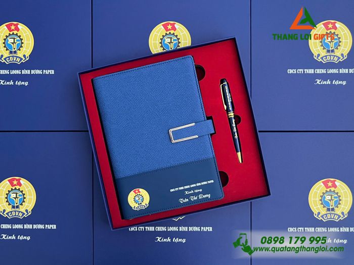 Bộ Quà Tặng 2 Món (Sổ & Bút) Màu Xanh - In Khắc Logo Công Đoàn Việt Nam