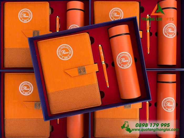 Bộ Quà Tặng (Sổ+ Bình+ Bút) Màu Cam - In Khắc Logo Trường Trung Cấp Y Khoa Pasteur