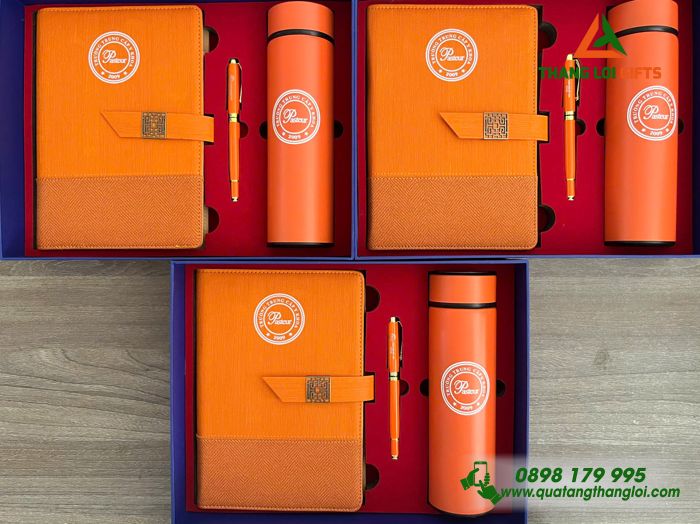 Bộ Quà Tặng (Sổ+ Bình+ Bút) Màu Cam - In Khắc Logo Trường Trung Cấp Y Khoa Pasteur