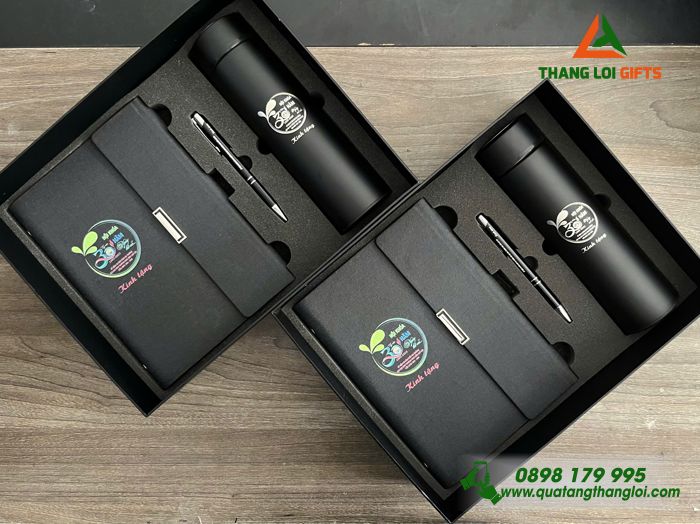Set Quà Tặng (Sổ+ Bình+ Bút) Màu Đen - In Khắc Logo Trường THCS Trần Quý Cáp