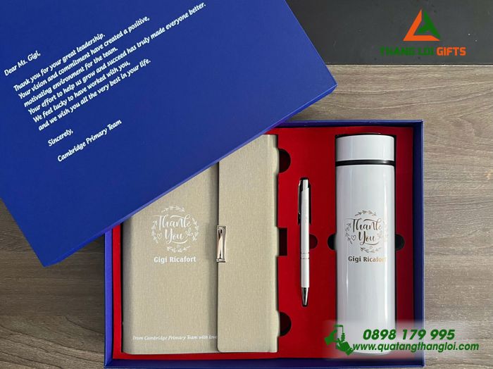 Bộ Quà Tặng (Sổ+ Bình+ Bút) Màu Trắng Kem - In Khắc Nội Dung Làm Quà Tặng Thay Lời Cảm Ơn