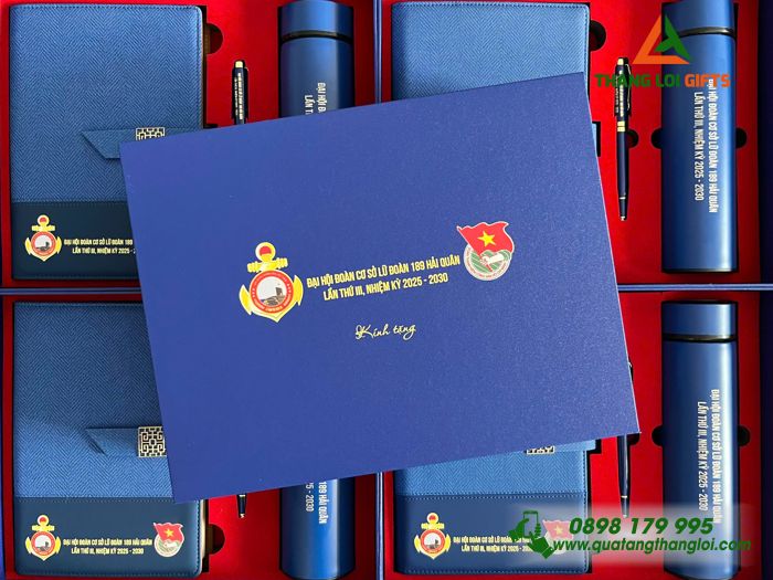 Set Quà Tặng (Sổ+ Bình+ Bút) Màu Xanh - In Khắc Logo Đại Hội Đoàn Lữ Đoàn 189 Hải Quân