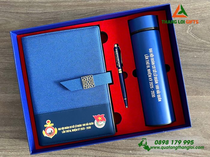 Set Quà Tặng (Sổ+ Bình+ Bút) Màu Xanh - In Khắc Logo Đại Hội Đoàn Lữ Đoàn 189 Hải Quân