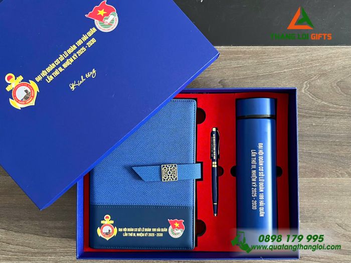 Set Quà Tặng (Sổ+ Bình+ Bút) Màu Xanh - In Khắc Logo Đại Hội Đoàn Lữ Đoàn 189 Hải Quân