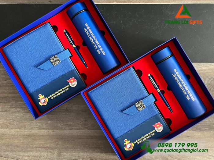 Set Quà Tặng (Sổ+ Bình+ Bút) Màu Xanh - In Khắc Logo Đại Hội Đoàn Lữ Đoàn 189 Hải Quân