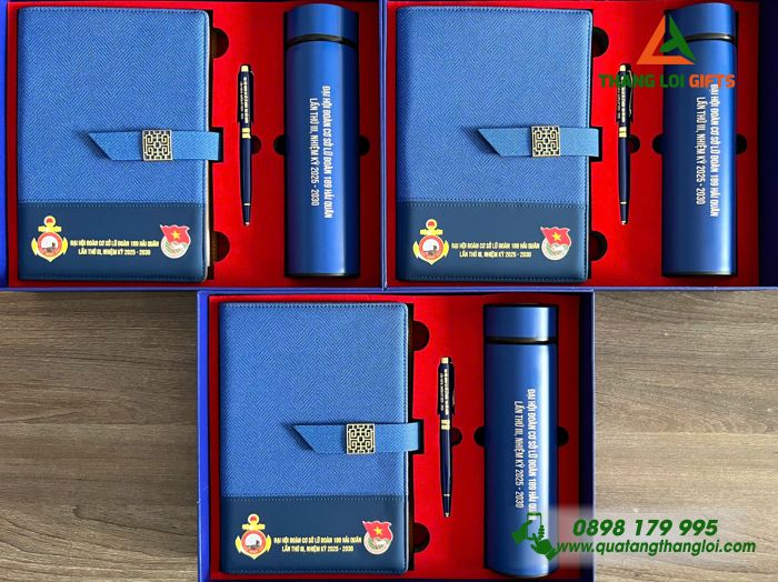 Set Quà Tặng (Sổ+ Bình+ Bút) Màu Xanh - In Khắc Logo Đại Hội Đoàn Lữ Đoàn 189 Hải Quân